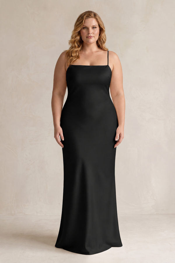 Black Sheath Satin Spaghetti Strap Bridesmaid Dress (3) [sizeplus] | KISSBRIDAL