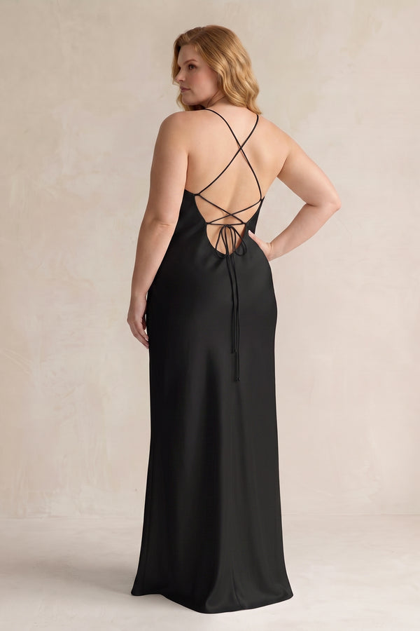 Black Sheath Satin Spaghetti Strap Bridesmaid Dress (4) | KISSBRIDAL[sizeplus]
