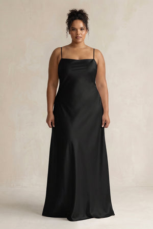 Black Sheath Satin Spaghetti Strap Bridesmaid Dress | KISSBRIDAL[sizeplus]