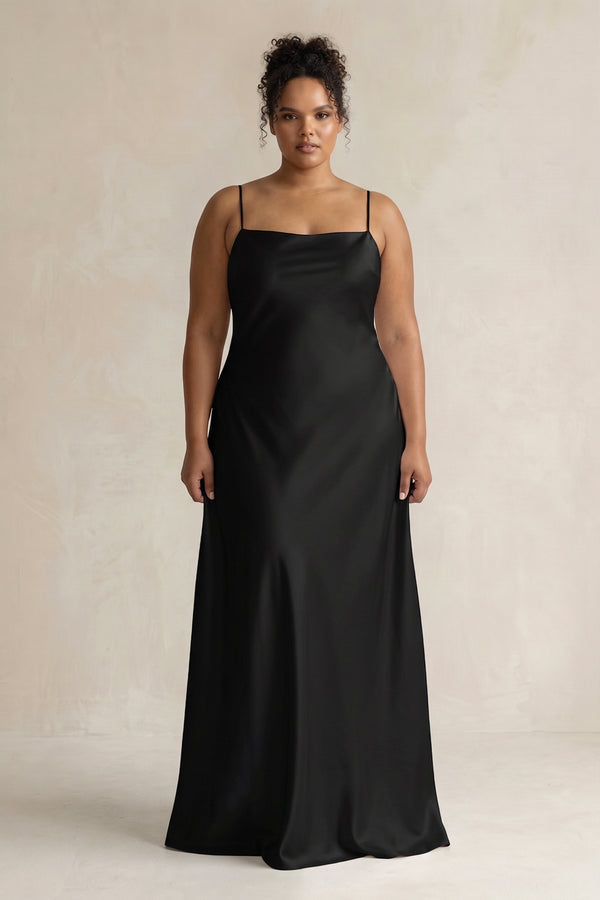 Black Sheath Satin Spaghetti Strap Bridesmaid Dress | KISSBRIDAL[sizeplus]