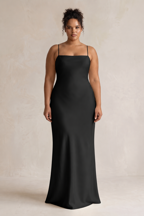 Black Sheath Satin Spaghetti Strap Bridesmaid Dress [sizeplus] | KISSBRIDAL