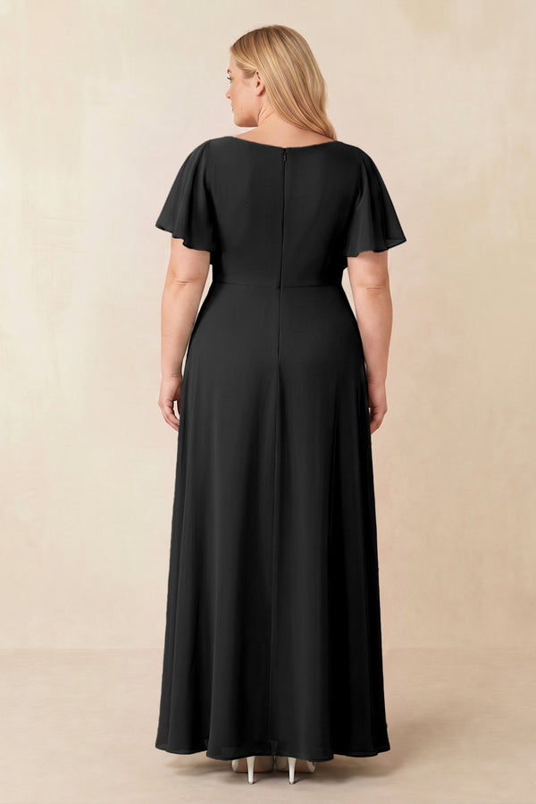 Black Short Sleeves Bateau A-Line Chiffon Bridesmaid Dress (2) [sizeplus] | KISSBRIDAL