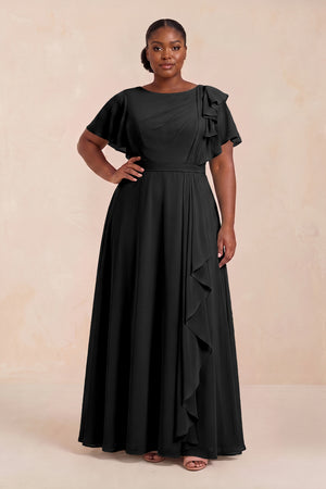 Black Short Sleeves Bateau A-Line Chiffon Bridesmaid Dress (3) [sizeplus] | KISSBRIDAL