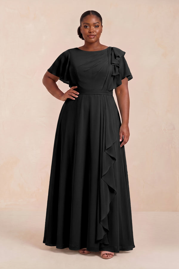 Black Short Sleeves Bateau A-Line Chiffon Bridesmaid Dress (3) [sizeplus] | KISSBRIDAL