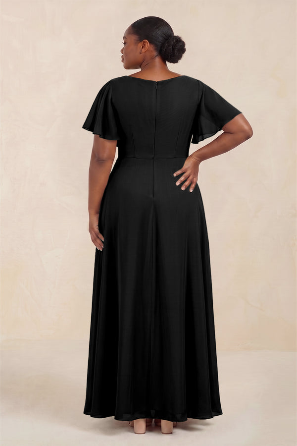 Black Short Sleeves Bateau A-Line Chiffon Bridesmaid Dress (4) [sizeplus] | KISSBRIDAL