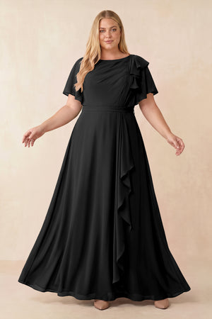 Black Short Sleeves Bateau A-Line Chiffon Bridesmaid Dress [sizeplus] | KISSBRIDAL