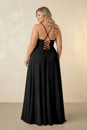 Black Spaghetti Straps Chiffon A-Line Bridesmaid Dress (2) [sizeplus] | KISSBRIDAL