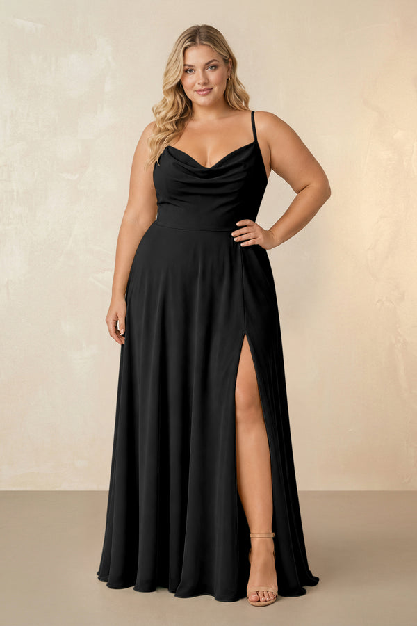 Black Spaghetti Straps Chiffon A-Line Bridesmaid Dress [sizeplus] | KISSBRIDAL