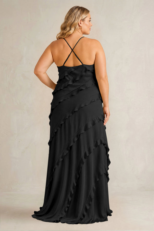 Black Spaghetti Straps Sheath Stain Ruffled Bridesmaid Dress (2) | KISSBRIDAL[sizeplus]