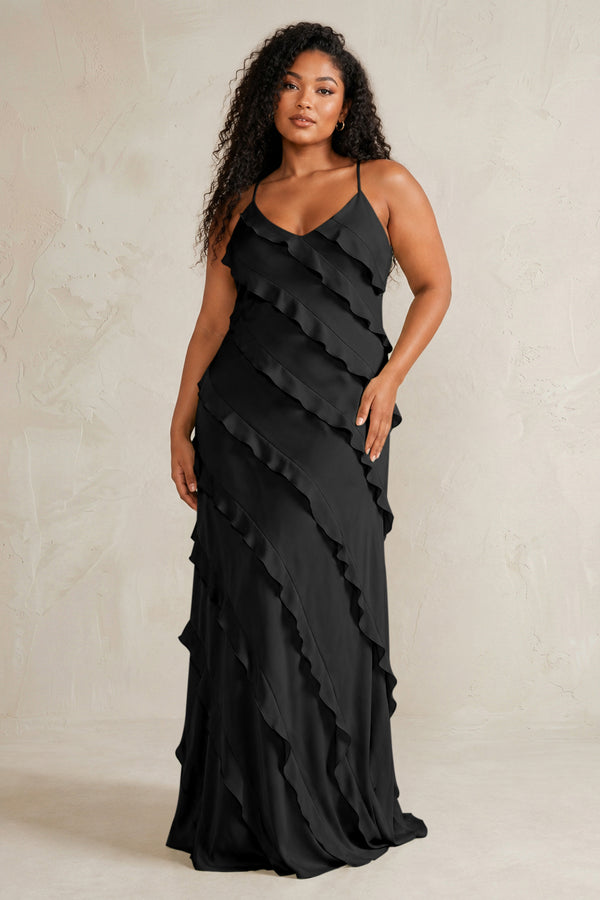 Black Spaghetti Straps Sheath Stain Ruffled Bridesmaid Dress (3) | KISSBRIDAL[sizeplus]