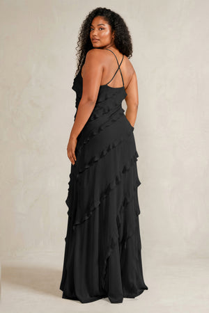 Black Spaghetti Straps Sheath Stain Ruffled Bridesmaid Dress (4) | KISSBRIDAL[sizeplus]