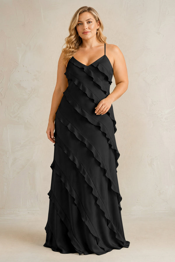 Black Spaghetti Straps Sheath Stain Ruffled Bridesmaid Dress | KISSBRIDAL[sizeplus]