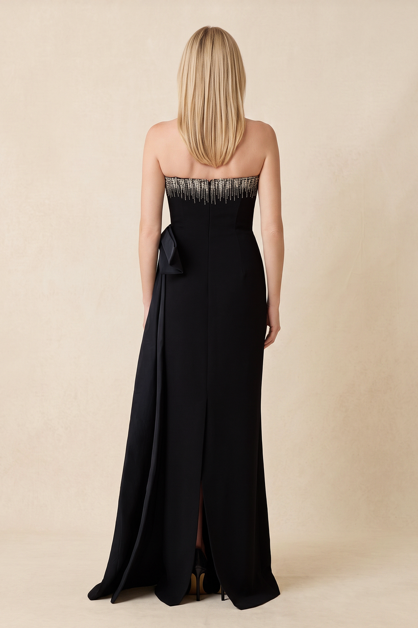 Black Strapless Matte Satin Sheath Mother of the Bride Dress with Rhinestones