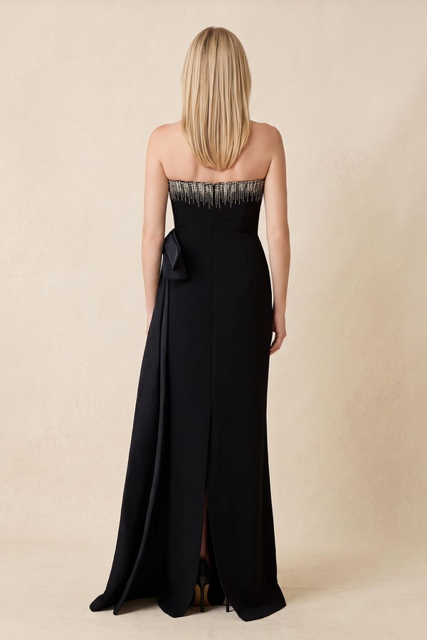 Black Strapless Matte Satin Sheath Mother of the Bride Dress with Rhinestones (2) | KISSBRIDAL
