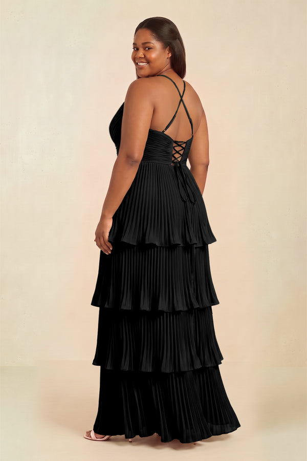 Black Tiered Pleated V-Neck A-Line Chiffon Bridesmaid Dress (2) [sizeplus] | KISSBRIDAL