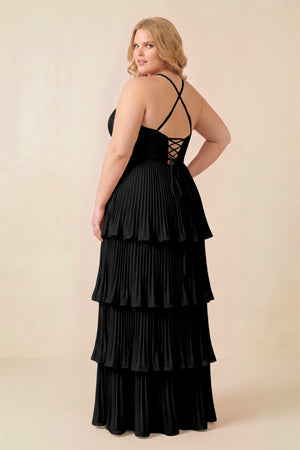 Black Tiered Pleated V-Neck A-Line Chiffon Bridesmaid Dress (4) [sizeplus] | KISSBRIDAL