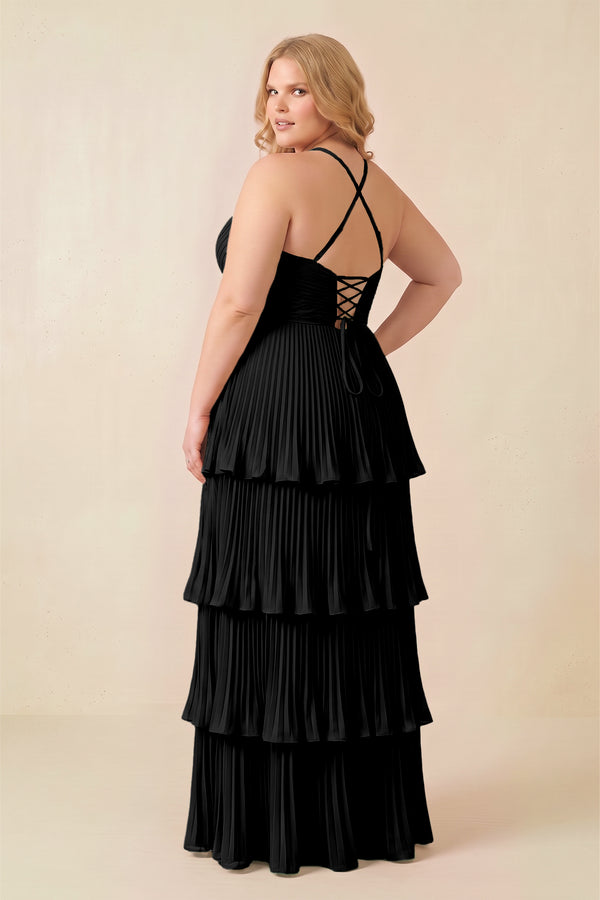 Black Tiered Pleated V-Neck A-Line Chiffon Bridesmaid Dress (4) [sizeplus] | KISSBRIDAL