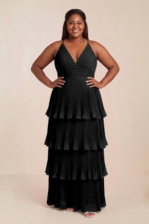 Black Tiered Pleated V-Neck A-Line Chiffon Bridesmaid Dress [sizeplus] | KISSBRIDAL