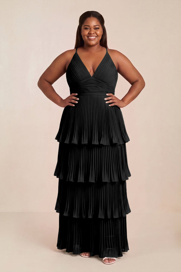 Black Tiered Pleated V-Neck A-Line Chiffon Bridesmaid Dress [sizeplus] | KISSBRIDAL