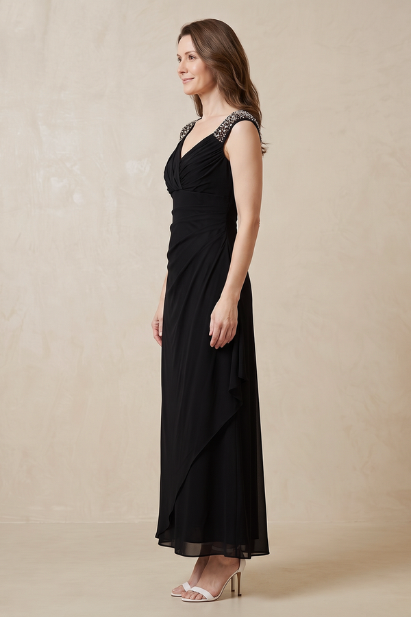 Black V-Neck A-Line Chiffon Mother of the Bride Dress (3) | KISSBRIDAL