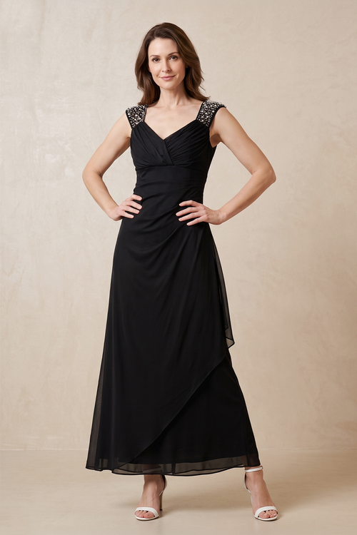 Black V-Neck A-Line Chiffon Mother of the Bride Dress | KISSBRIDAL