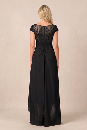 Black V-Neck Chiffon A-Line Embroidered Ruched Mother of the Bride Dress (2) | KISSBRIDAL