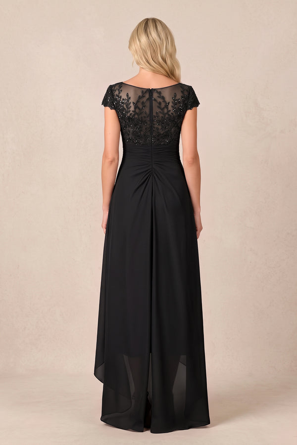 Black V-Neck Chiffon A-Line Embroidered Ruched Mother of the Bride Dress (2) | KISSBRIDAL