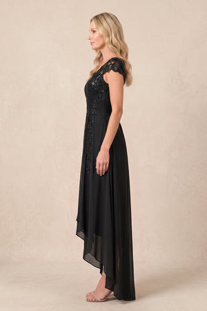 Black V-Neck Chiffon A-Line Embroidered Ruched Mother of the Bride Dress (3) | KISSBRIDAL