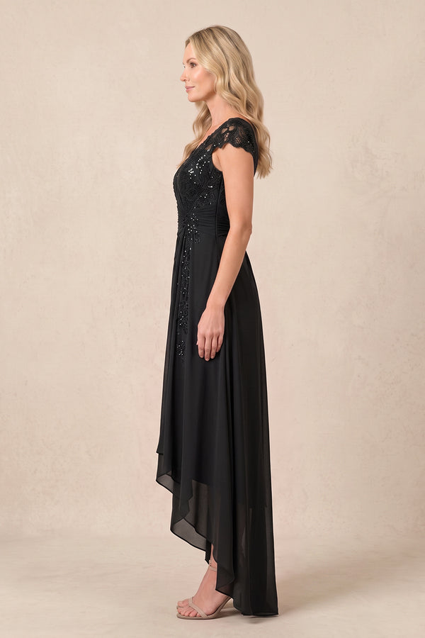 Black V-Neck Chiffon A-Line Embroidered Ruched Mother of the Bride Dress (3) | KISSBRIDAL