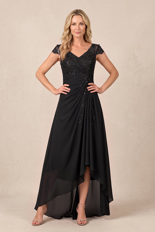 Black V-Neck Chiffon A-Line Embroidered Ruched Mother of the Bride Dress | KISSBRIDAL