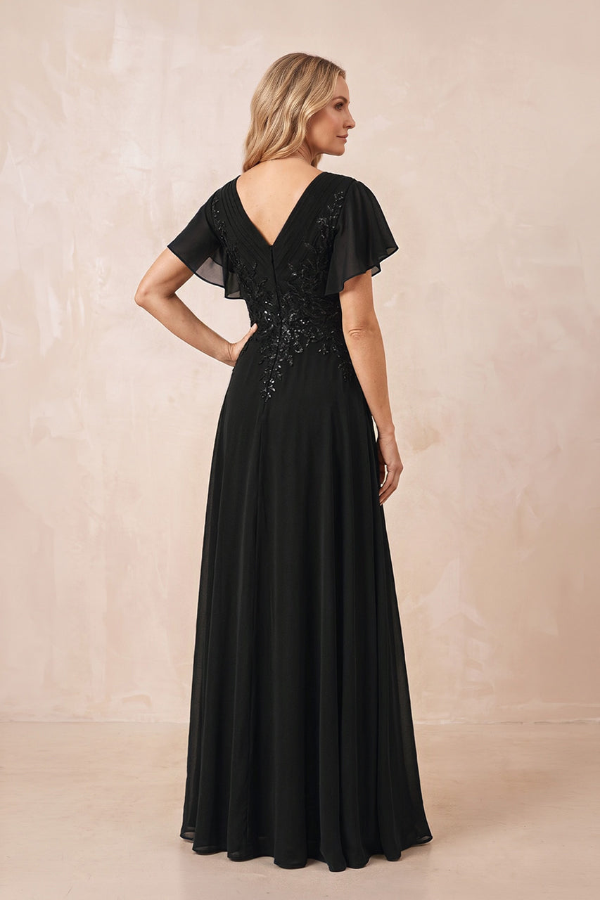 Black V-Neck Chiffon Ruffled Sleeves A-Line Mother of the Bride Dress