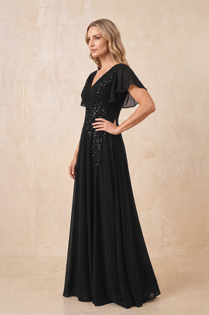 Black V-Neck Chiffon Ruffled Sleeves A-Line Mother of the Bride Dress (3) | KISSBRIDAL