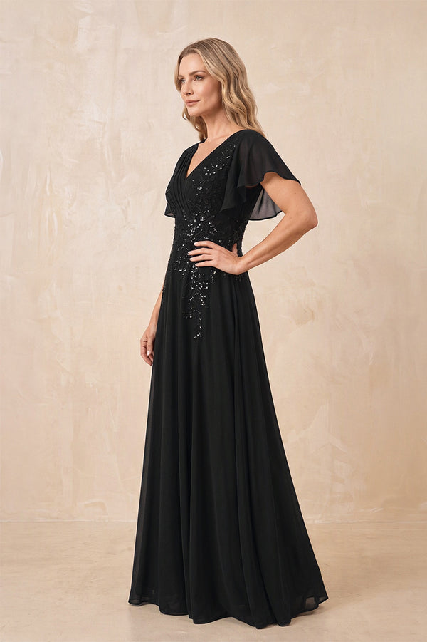 Black V-Neck Chiffon Ruffled Sleeves A-Line Mother of the Bride Dress (3) | KISSBRIDAL