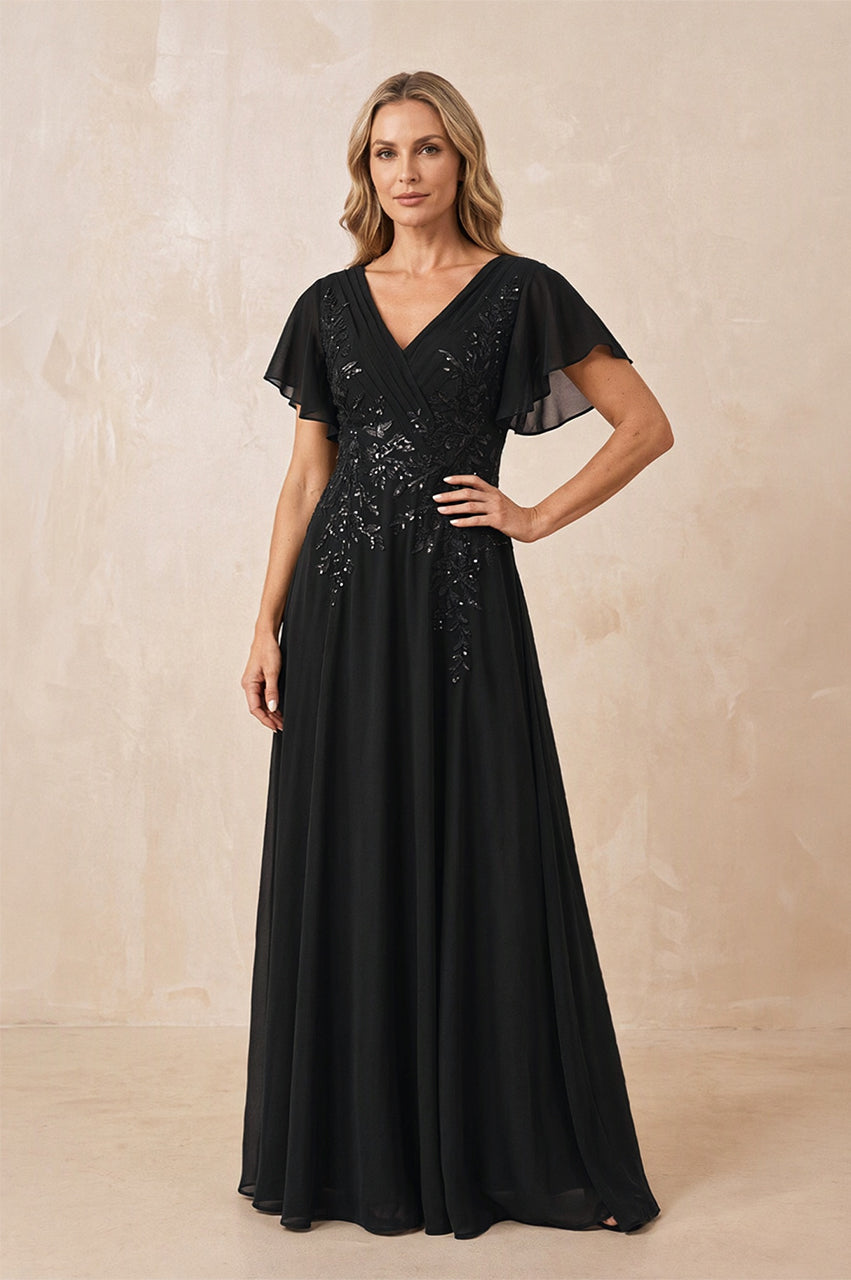 Black V-Neck Chiffon Ruffled Sleeves A-Line Mother of the Bride Dress