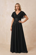 Black V-Neck Chiffon Ruffled Sleeves A-Line Mother of the Bride Dress | KISSBRIDAL