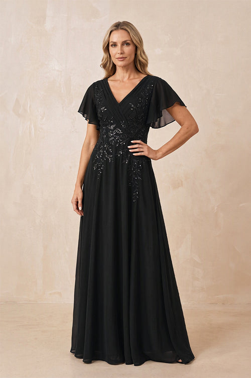 Black V-Neck Chiffon Ruffled Sleeves A-Line Mother of the Bride Dress | KISSBRIDAL