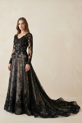 Black V - Neck Long Sleeves Lace Appliqued Wedding Dress in Black - KISS BRIDAL Wedding Dresses