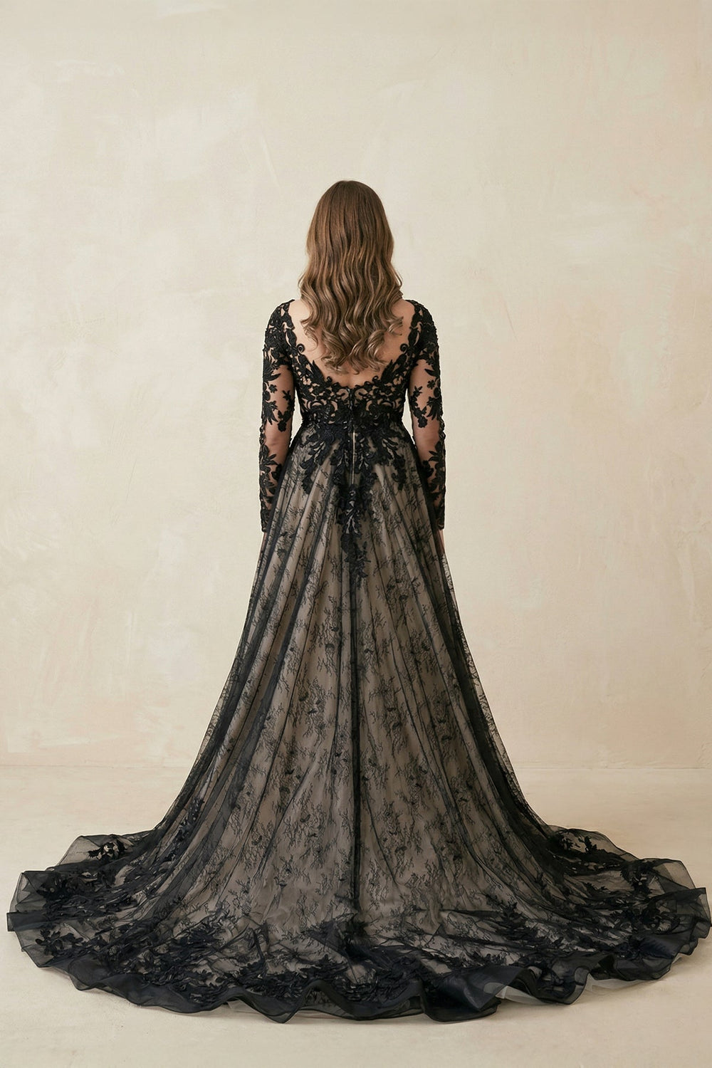 Black V - Neck Long Sleeves Lace Appliqued Wedding Dress in Black - KISS BRIDAL Wedding Dresses