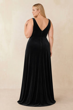 Black V-Neck Ruched A-Line Velvet Bridesmaid Dress (2) | KISSPROM