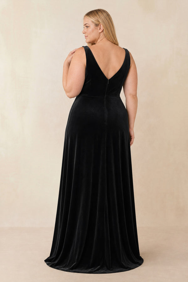Black V-Neck Ruched A-Line Velvet Bridesmaid Dress (2) | KISSPROM