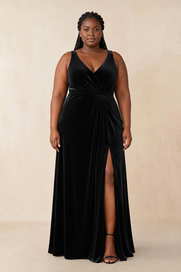 Black V-Neck Ruched A-Line Velvet Bridesmaid Dress (3) | KISSPROM