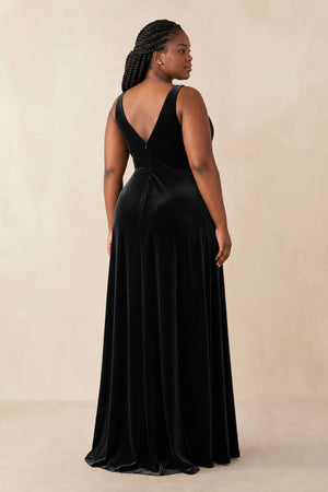 Black V-Neck Ruched A-Line Velvet Bridesmaid Dress (4) | KISSPROM