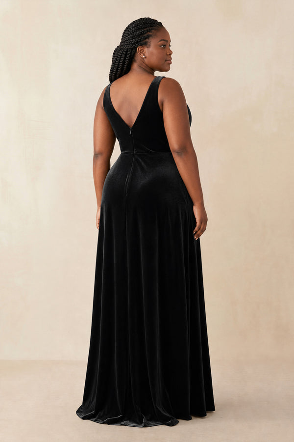 Black V-Neck Ruched A-Line Velvet Bridesmaid Dress (4) | KISSPROM
