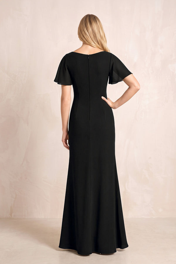 Black V-Neck Sheath Chiffon Ruffled Short Sleeves Mother of the Bride Dress with Slit (2) | KISSBRIDAL