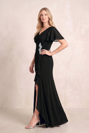 Black V-Neck Sheath Chiffon Ruffled Short Sleeves Mother of the Bride Dress with Slit (3) | KISSBRIDAL