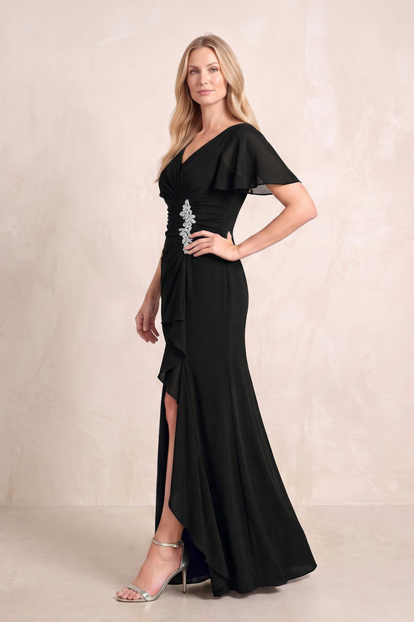 Black V-Neck Sheath Chiffon Ruffled Short Sleeves Mother of the Bride Dress with Slit (3) | KISSBRIDAL