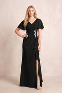 Black V-Neck Sheath Chiffon Ruffled Short Sleeves Mother of the Bride Dress with Slit | KISSBRIDAL