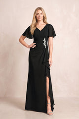 Black V-Neck Sheath Chiffon Ruffled Short Sleeves Mother of the Bride Dress with Slit | KISSBRIDAL