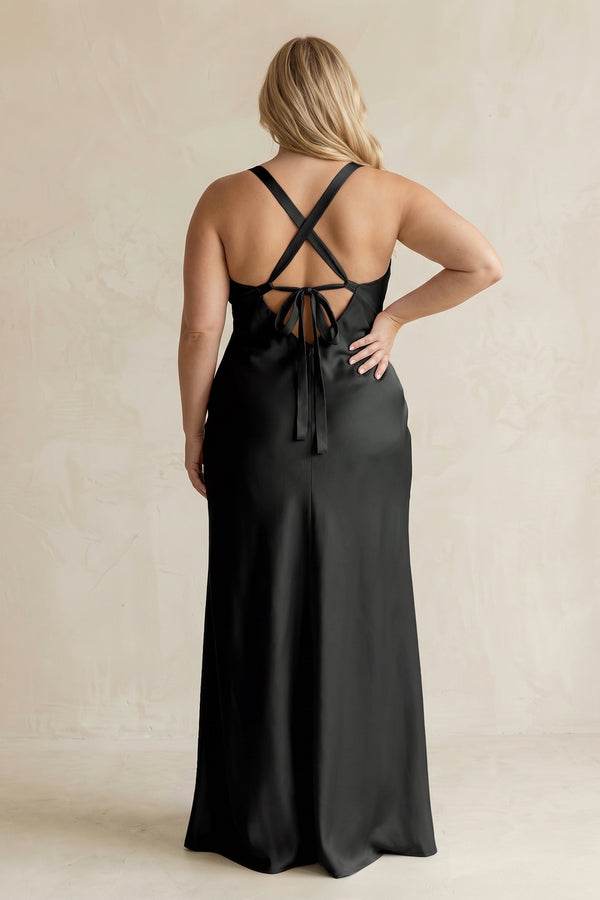 Black V-Neck Sheath Satin Bridesmaid Dress With Slit (2) | KISSPROM