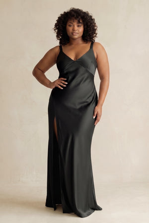 Black V-Neck Sheath Satin Bridesmaid Dress With Slit (3) | KISSPROM